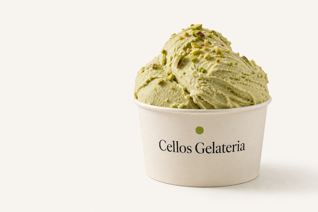 Copo Cellos Gelateria com gelato de pistache